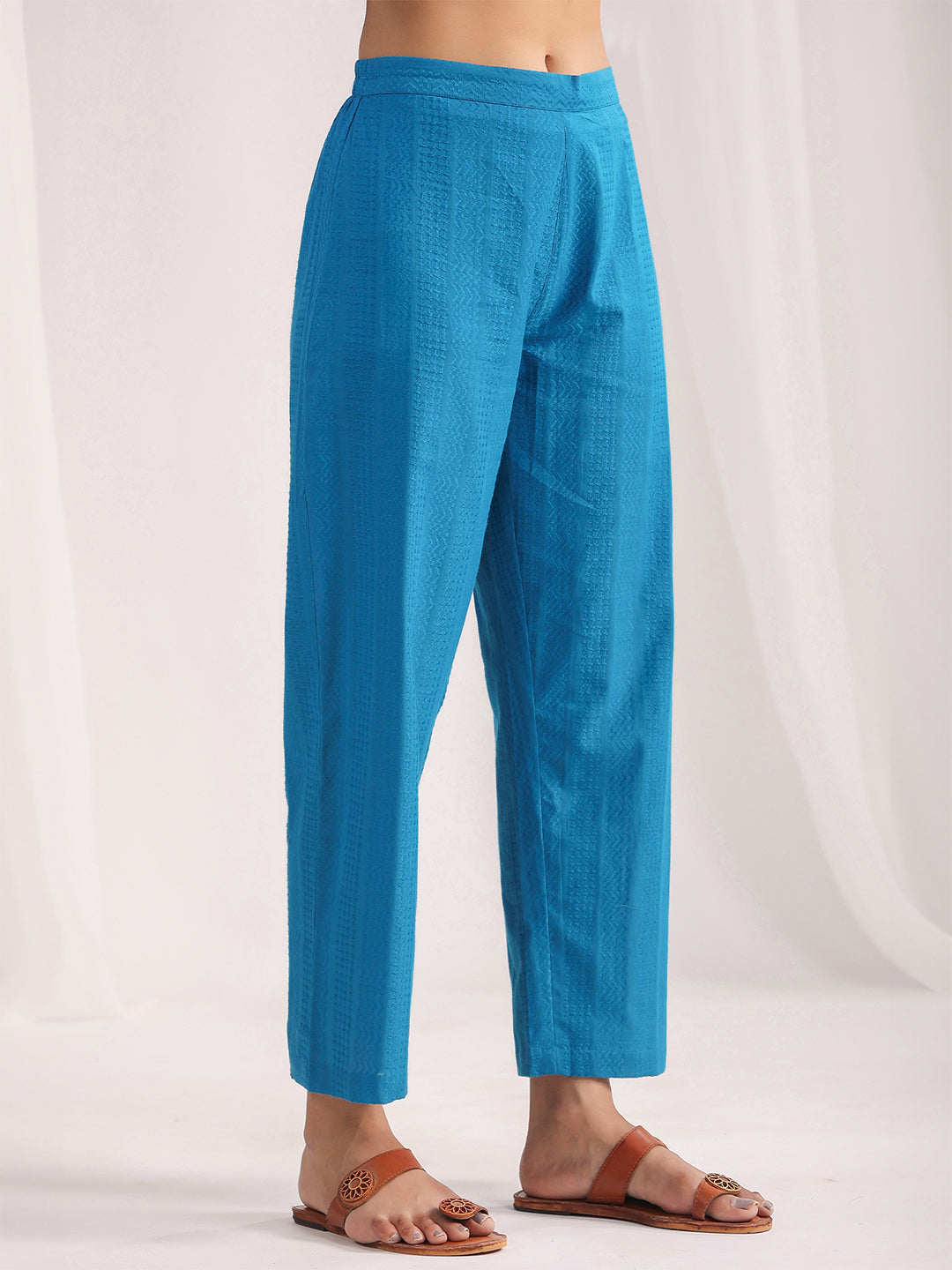 Janasya A-Line Jacquard Teal Solid Band Collar Co-Ords | Grocsy