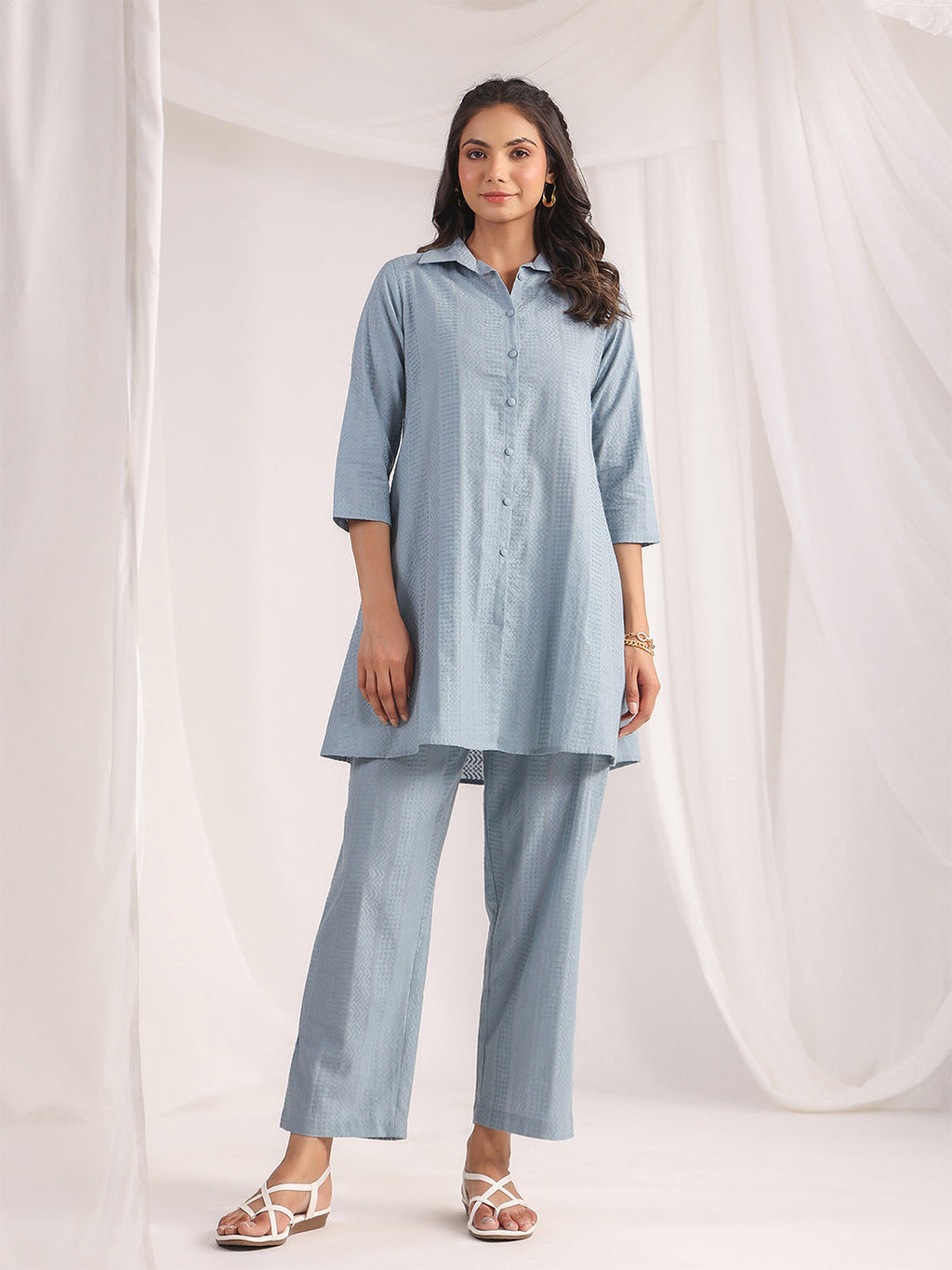 Janasya Light Jacquard Self Design Shirt Top & Bottom Set | Grocsy