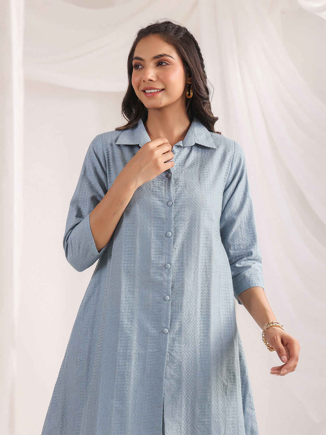 Janasya Light Jacquard Self Design Shirt Top & Bottom Set | Grocsy