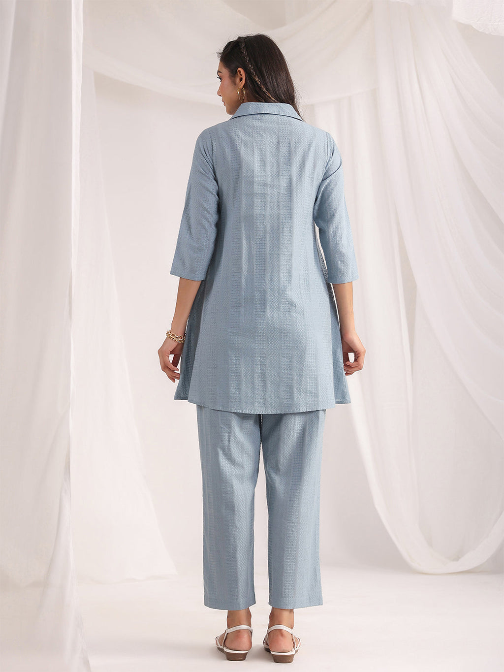 Janasya Light Jacquard Self Design Shirt Top & Bottom Set | Grocsy