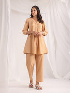 Janasya Pleated Jacquard Peach Self Design V-Neck Co-Ords | Grocsy