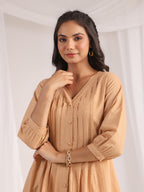 Janasya Pleated Jacquard Peach Self Design V-Neck Co-Ords | Grocsy