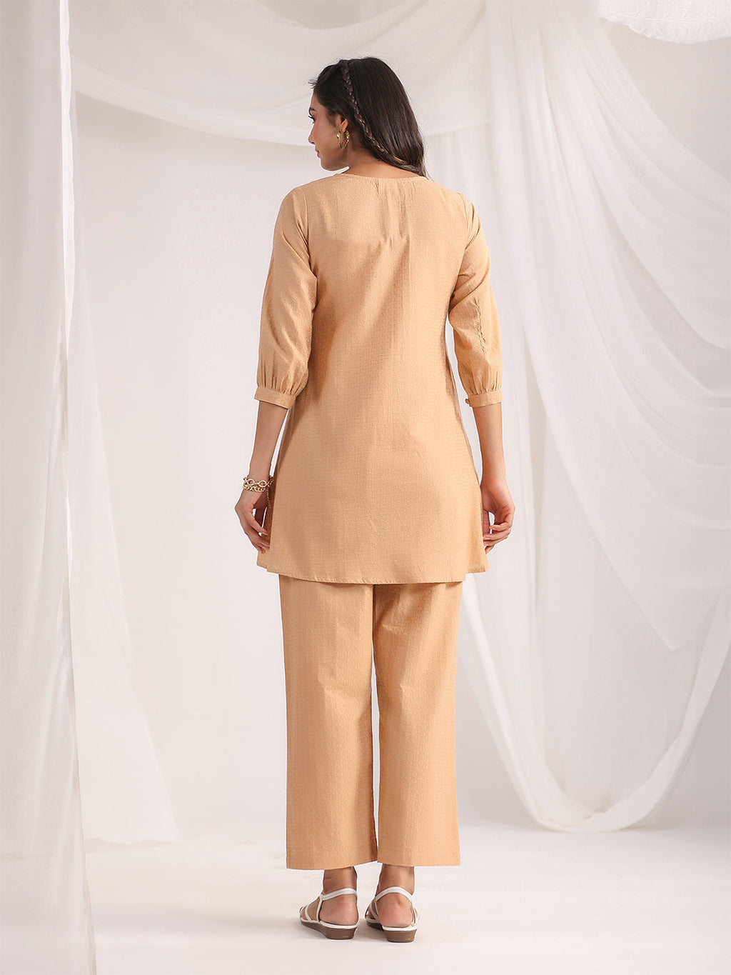 Janasya Pleated Jacquard Peach Self Design V-Neck Co-Ords | Grocsy