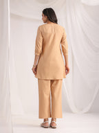 Janasya Pleated Jacquard Peach Self Design V-Neck Co-Ords | Grocsy
