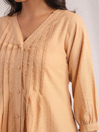 Janasya Pleated Jacquard Peach Self Design V-Neck Co-Ords | Grocsy