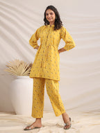 Janasya Gathering Cambric Mustard Geometric Band Collar Co-Ords | Grocsy