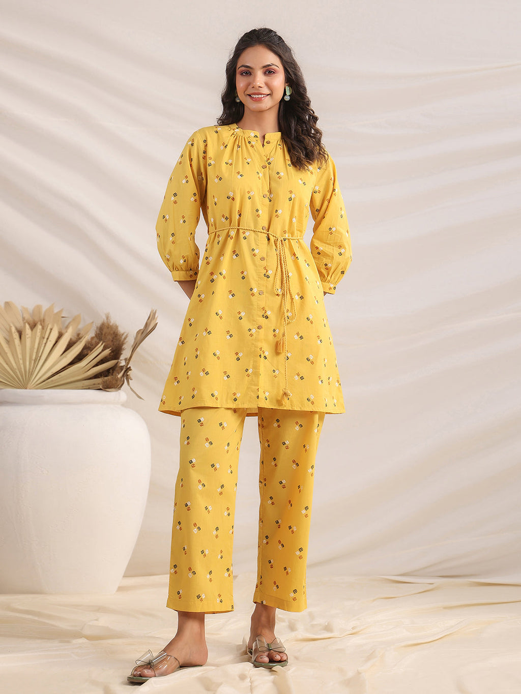 Janasya Gathering Cambric Mustard Geometric Band Collar Co-Ords | Grocsy