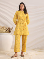 Janasya Gathering Cambric Mustard Geometric Band Collar Co-Ords | Grocsy