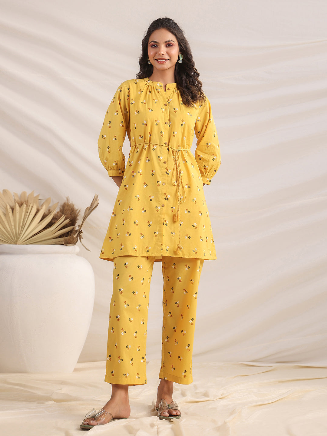 Janasya Gathering Cambric Mustard Geometric Band Collar Co-Ords | Grocsy