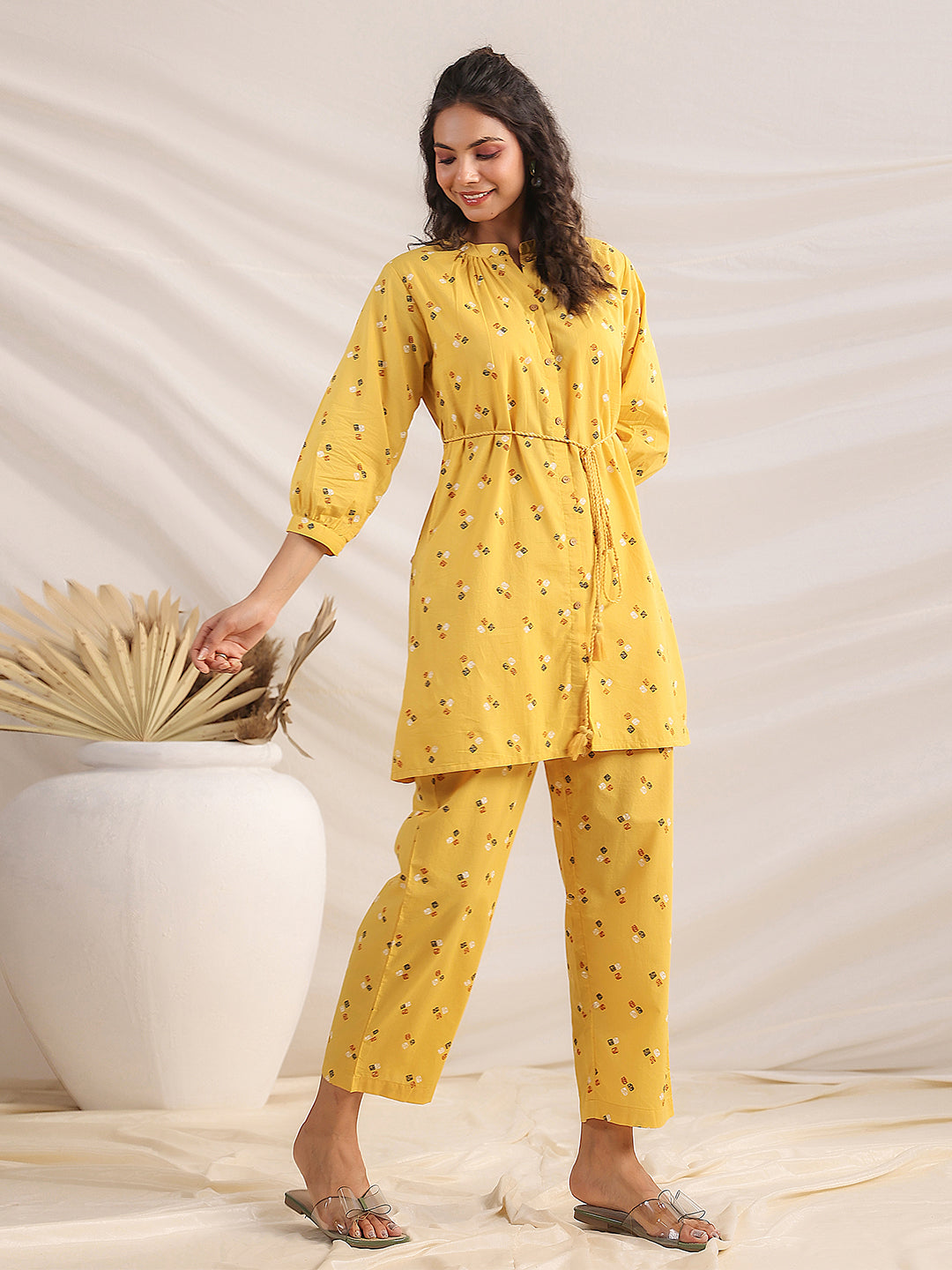 Janasya Gathering Cambric Mustard Geometric Band Collar Co-Ords | Grocsy