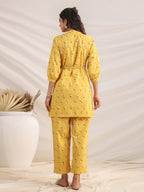 Janasya Gathering Cambric Mustard Geometric Band Collar Co-Ords | Grocsy