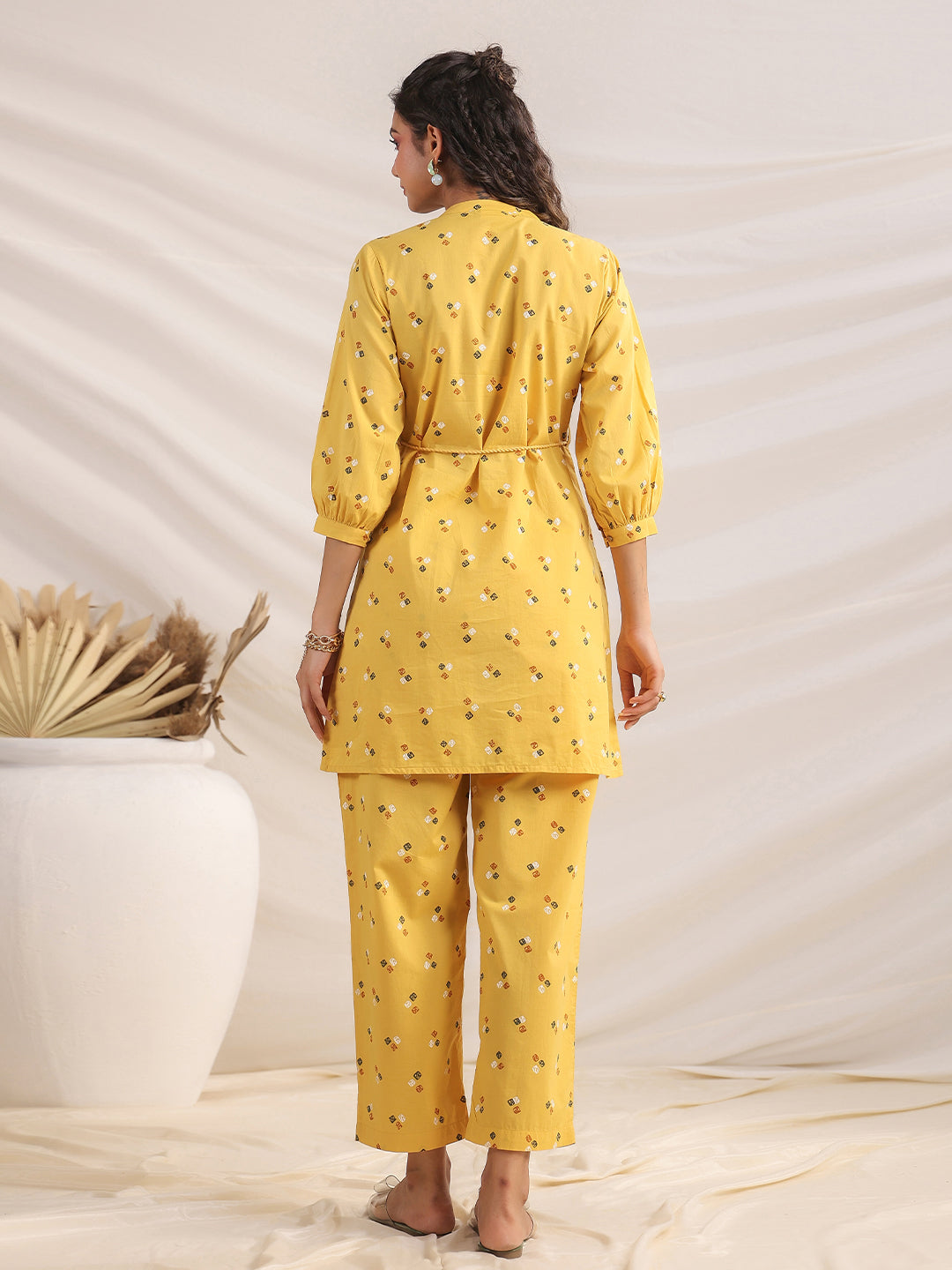 Janasya Gathering Cambric Mustard Geometric Band Collar Co-Ords | Grocsy