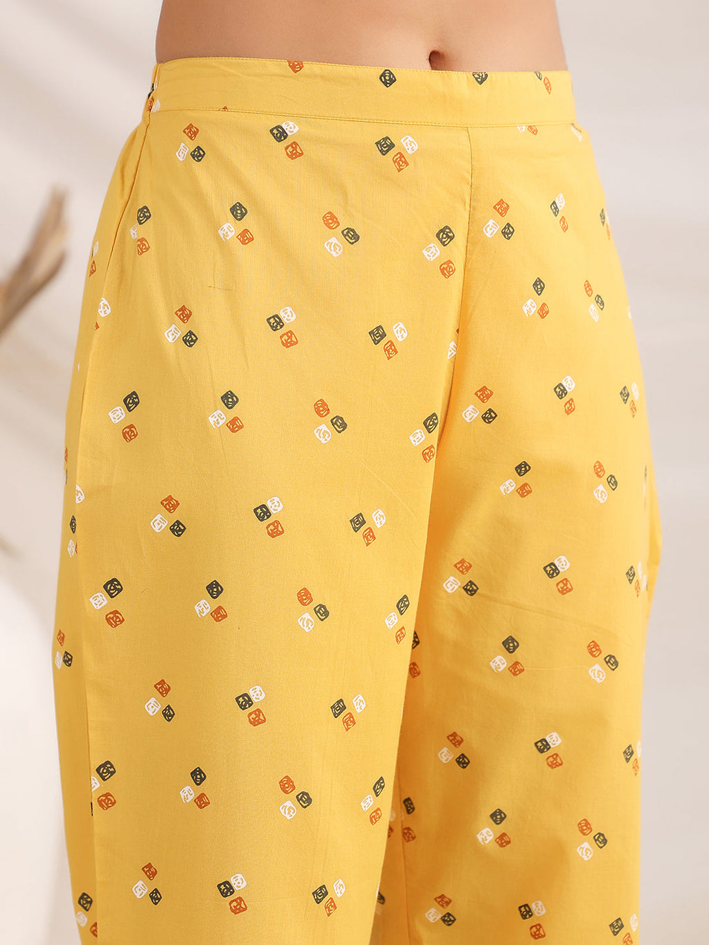 Janasya Gathering Cambric Mustard Geometric Band Collar Co-Ords | Grocsy