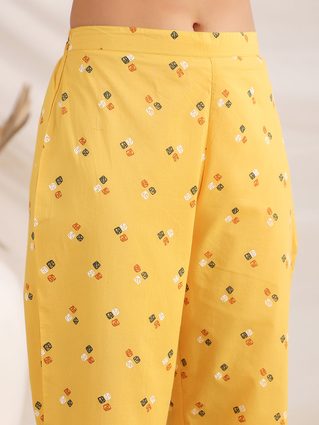 Janasya Gathering Cambric Mustard Geometric Band Collar Co-Ords | Grocsy