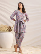 Janasya A-Line Cambric Grey Ethnic Motifs V-Neck Co-Ords | Grocsy
