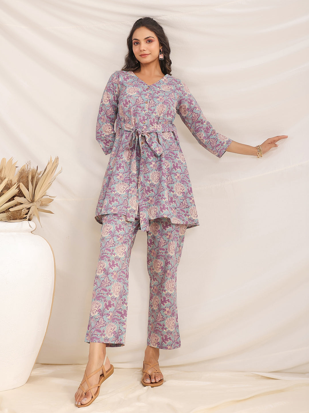 Janasya A-Line Cambric Grey Ethnic Motifs V-Neck Co-Ords | Grocsy