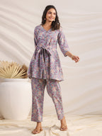 Janasya A-Line Cambric Grey Ethnic Motifs V-Neck Co-Ords | Grocsy