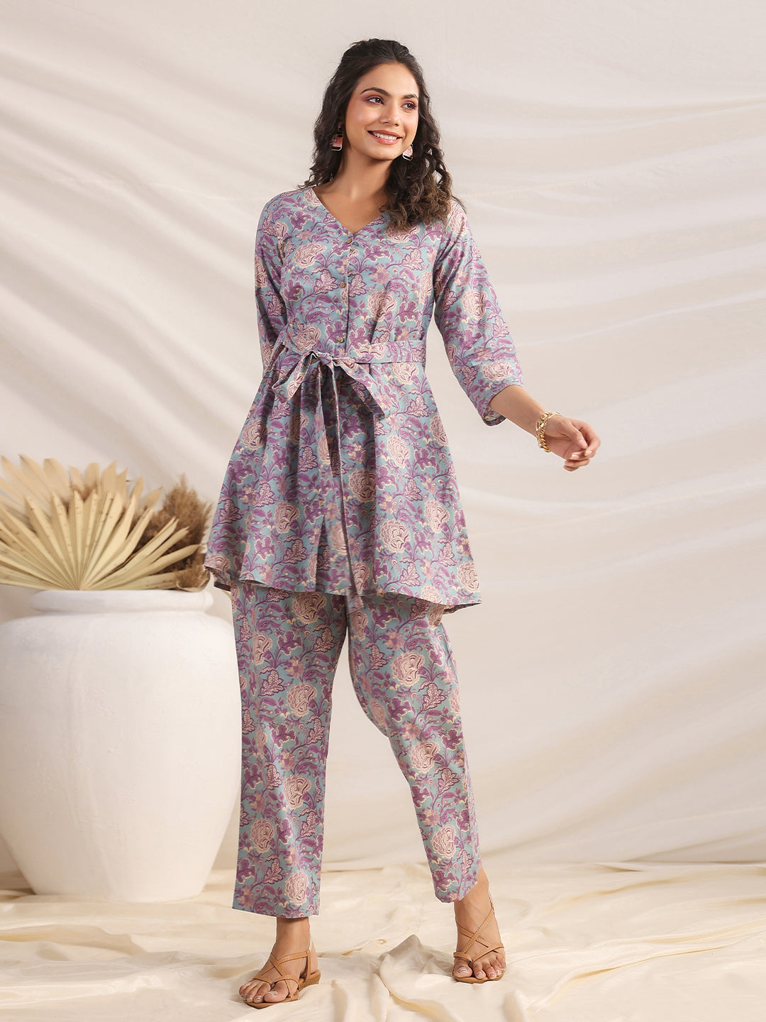 Janasya A-Line Cambric Grey Ethnic Motifs V-Neck Co-Ords | Grocsy