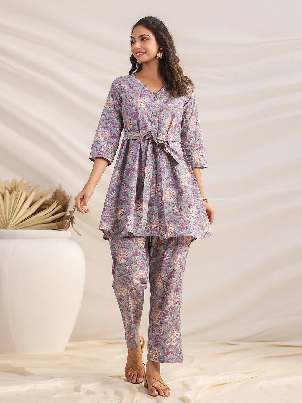 Janasya A-Line Cambric Grey Ethnic Motifs V-Neck Co-Ords | Grocsy