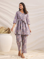 Janasya A-Line Cambric Grey Ethnic Motifs V-Neck Co-Ords | Grocsy