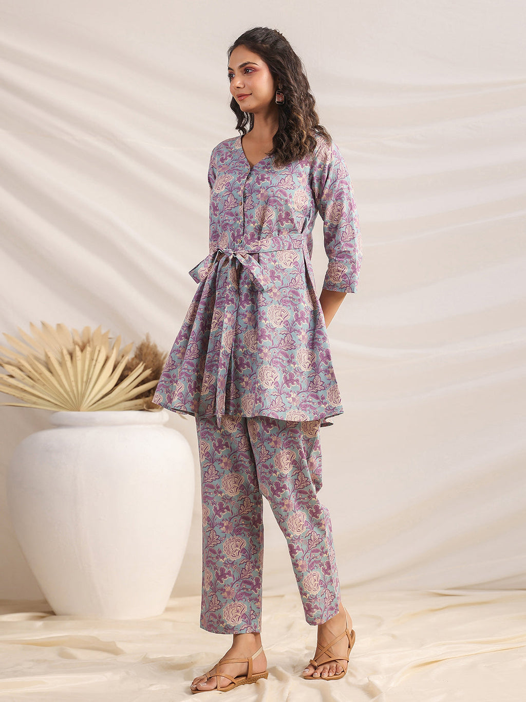 Janasya A-Line Cambric Grey Ethnic Motifs V-Neck Co-Ords | Grocsy