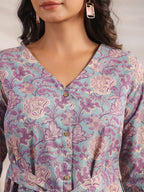 Janasya A-Line Cambric Grey Ethnic Motifs V-Neck Co-Ords | Grocsy