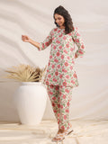 Janasya A-Line Cambric Beige Floral Round Neck Co-Ords | Grocsy