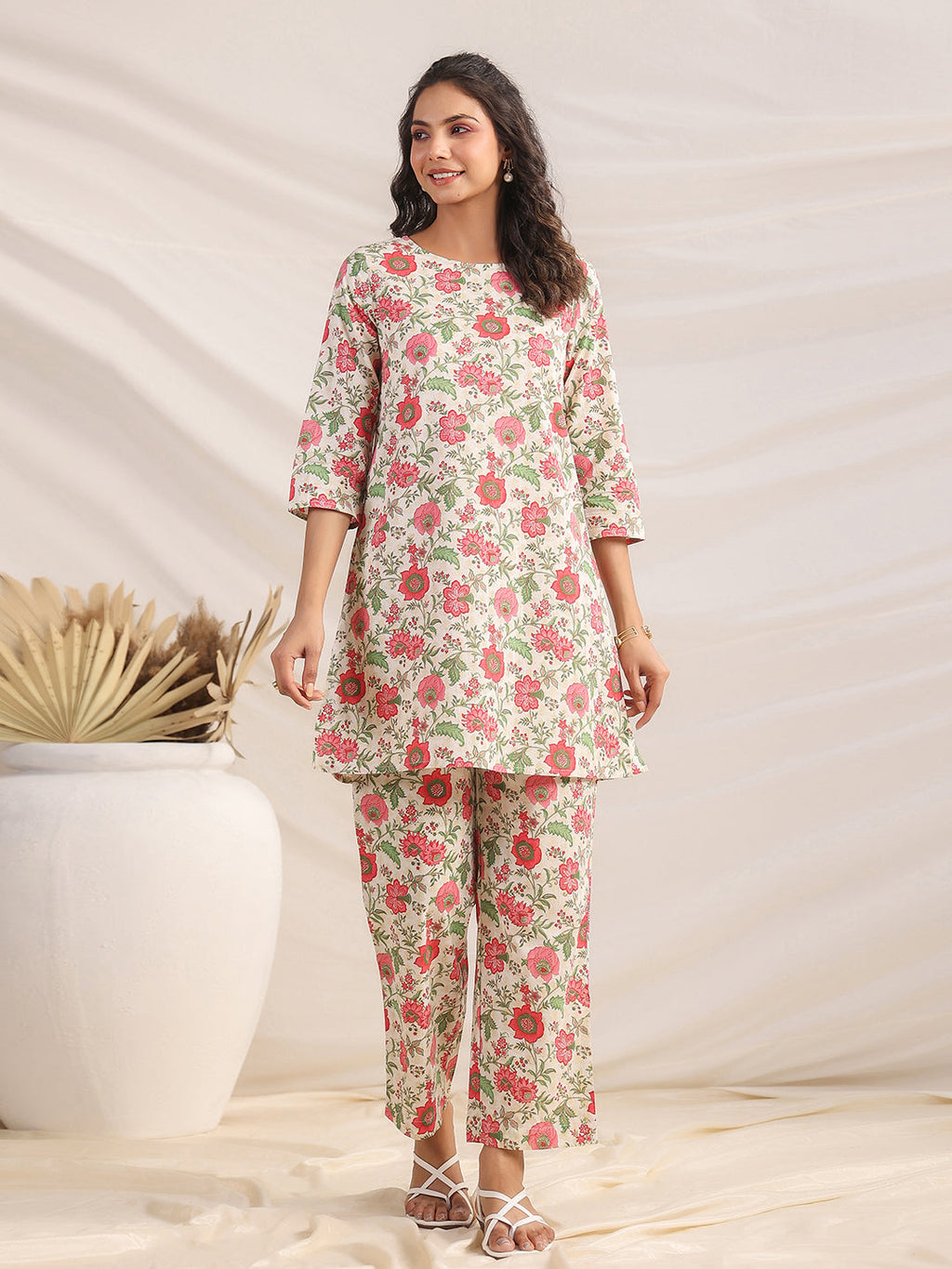 Janasya A-Line Cambric Beige Floral Round Neck Co-Ords | Grocsy