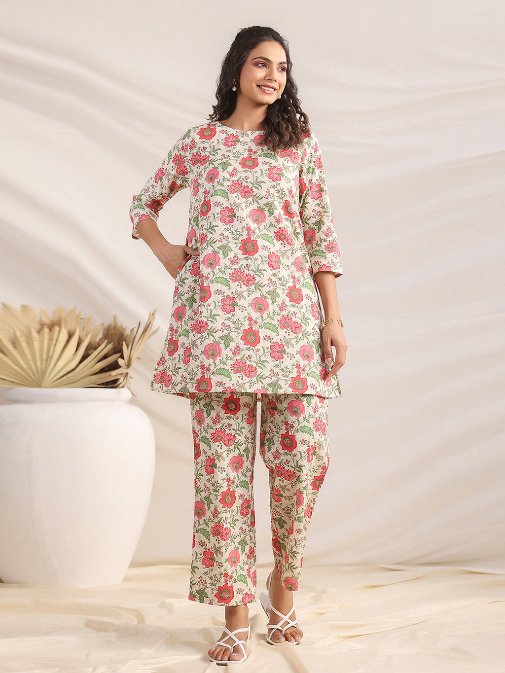 Janasya A-Line Cambric Beige Floral Round Neck Co-Ords | Grocsy