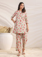 Janasya A-Line Cambric Beige Floral Round Neck Co-Ords | Grocsy