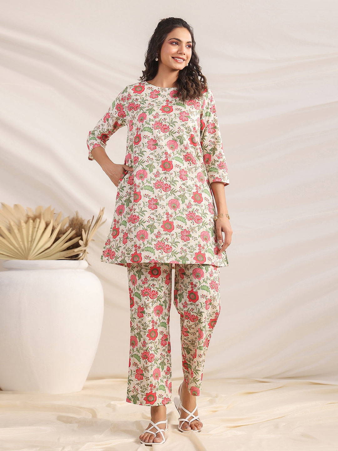 Janasya A-Line Cambric Beige Floral Round Neck Co-Ords | Grocsy