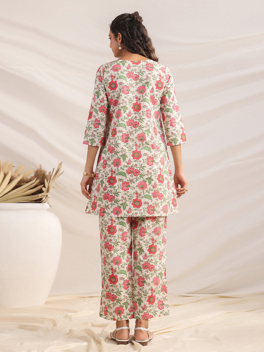Janasya A-Line Cambric Beige Floral Round Neck Co-Ords | Grocsy