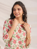 Janasya A-Line Cambric Beige Floral Round Neck Co-Ords | Grocsy