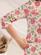 Janasya A-Line Cambric Beige Floral Round Neck Co-Ords | Grocsy