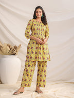 Janasya Pleated Cambric Yellow Floral Notch Neck Co-Ords | Grocsy