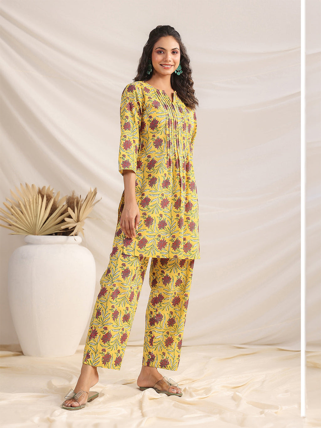 Janasya Bright Cotton Floral Pleated Top & Bottom Set | Grocsy