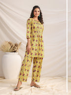 Janasya Bright Cotton Floral Pleated Top & Bottom Set | Grocsy