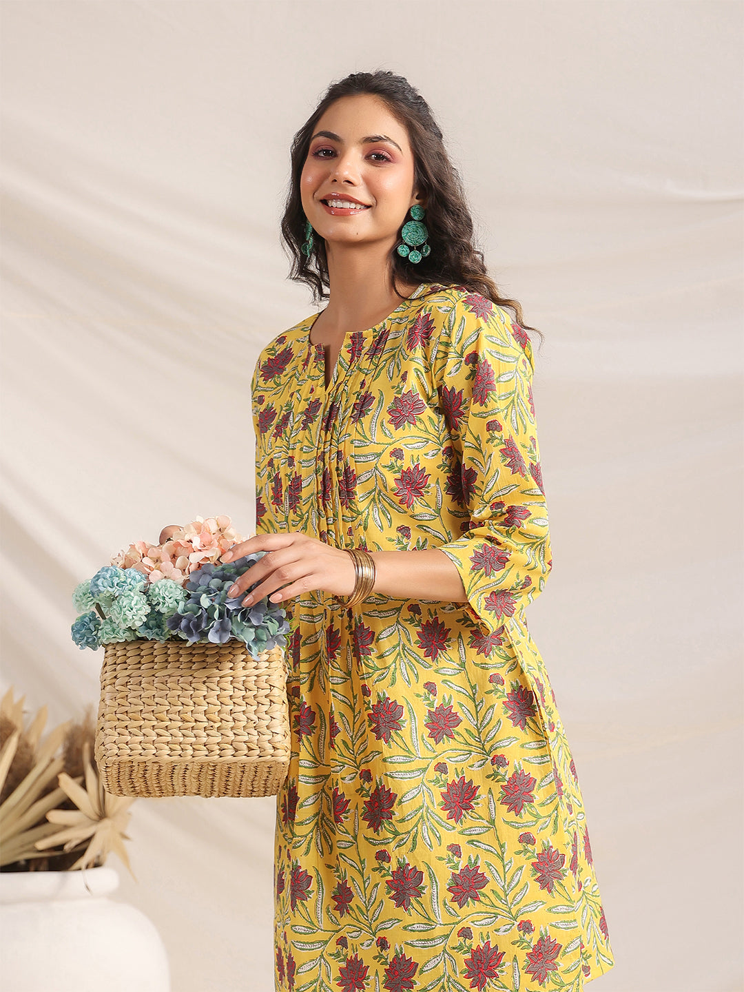 Janasya Pleated Cambric Yellow Floral Notch Neck Co-Ords | Grocsy