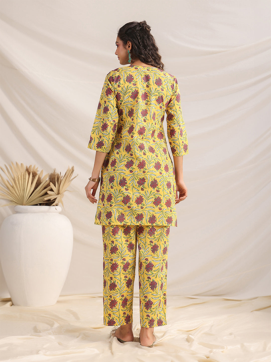Janasya Pleated Cambric Yellow Floral Notch Neck Co-Ords | Grocsy