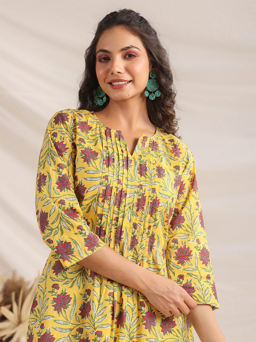 Janasya Pleated Cambric Yellow Floral Notch Neck Co-Ords | Grocsy