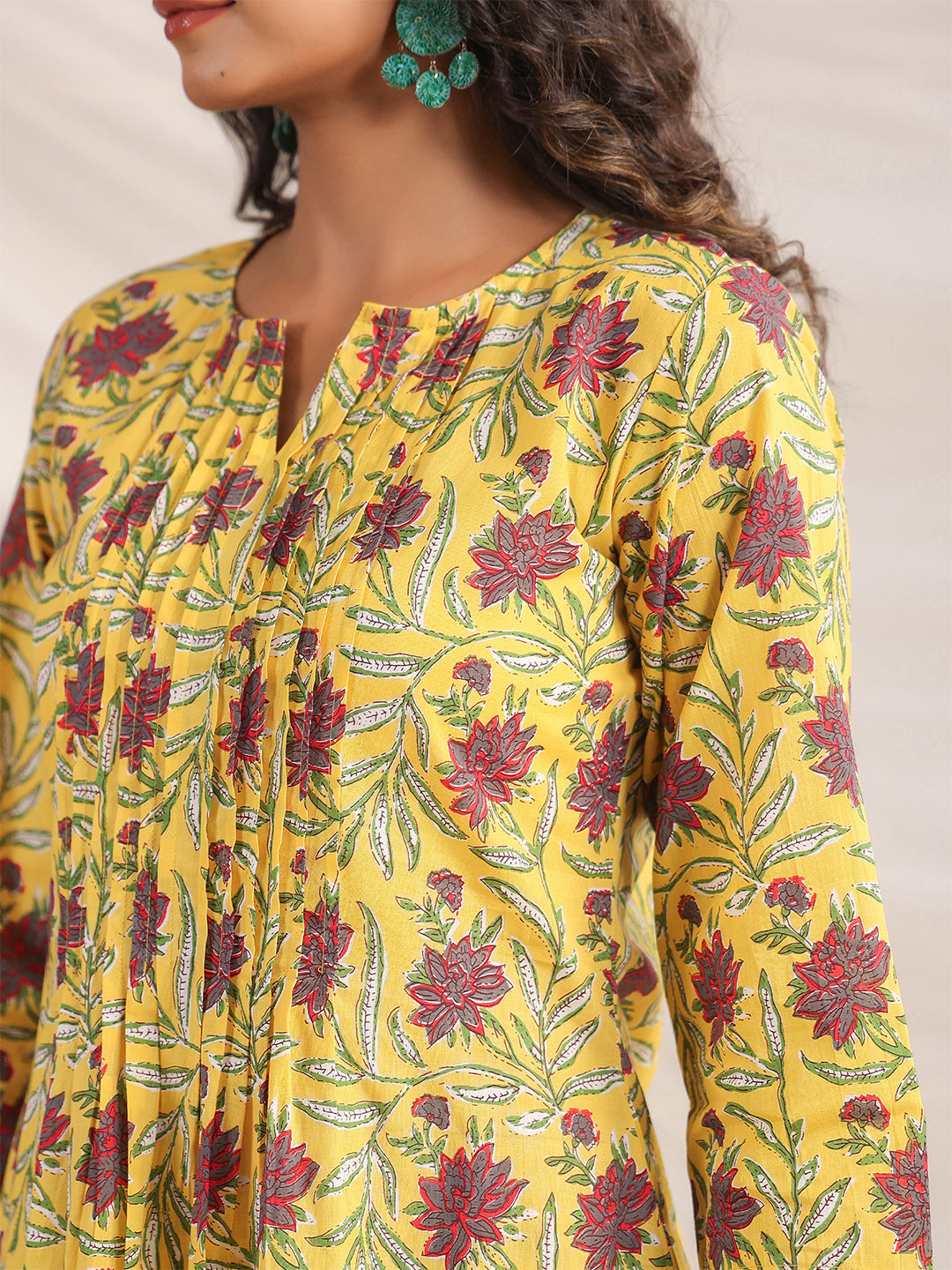 Janasya Pleated Cambric Yellow Floral Notch Neck Co-Ords | Grocsy