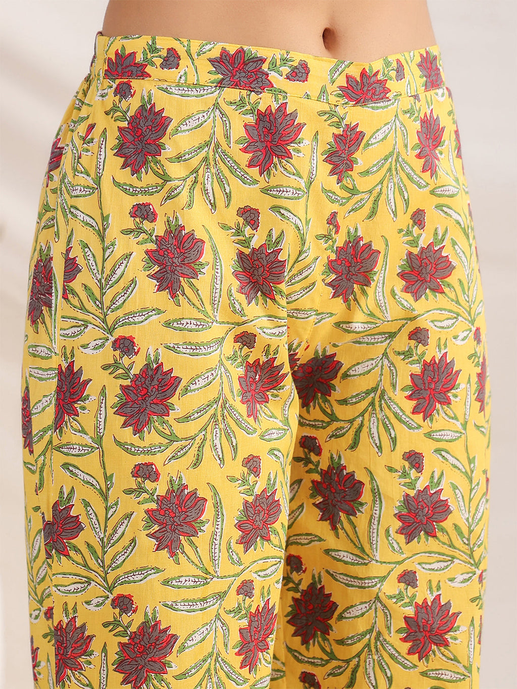 Janasya Pleated Cambric Yellow Floral Notch Neck Co-Ords | Grocsy