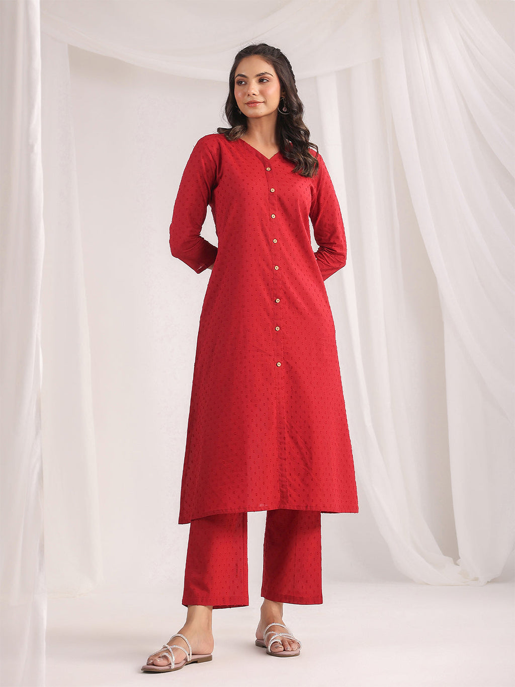Janasya A-Line Dobby Cotton Maroon Solid V-Neck Co-Ords | Grocsy