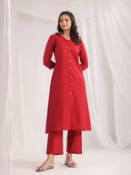 Janasya A-Line Dobby Cotton Maroon Solid V-Neck Co-Ords | Grocsy