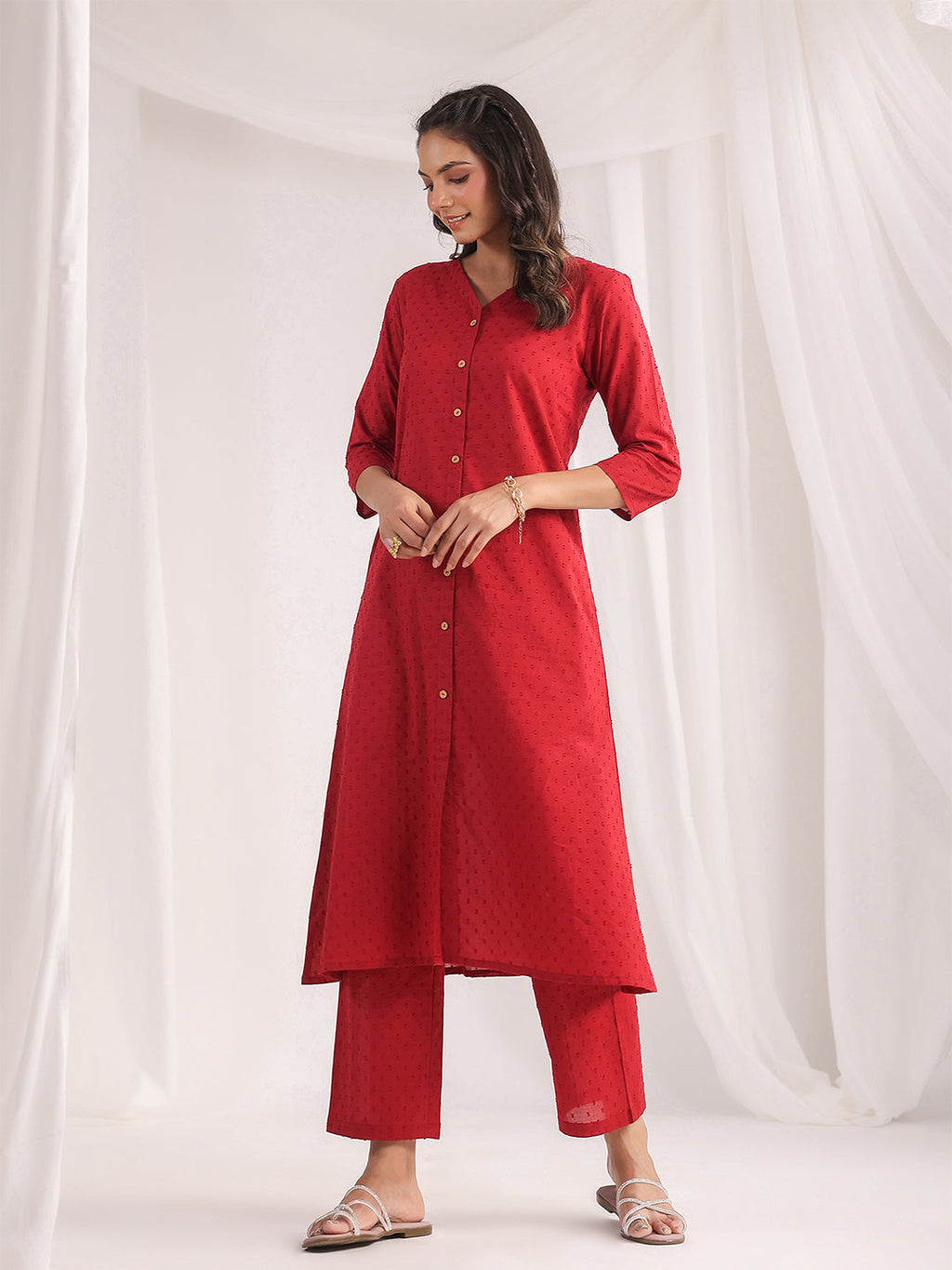 Janasya A-Line Dobby Cotton Maroon Solid V-Neck Co-Ords | Grocsy