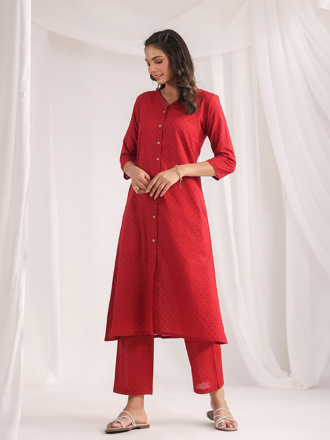 Janasya A-Line Dobby Cotton Maroon Solid V-Neck Co-Ords | Grocsy