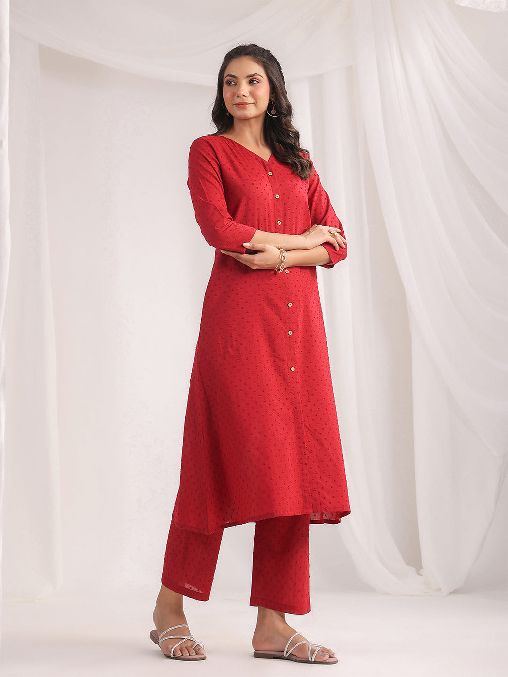 Janasya A-Line Dobby Cotton Maroon Solid V-Neck Co-Ords | Grocsy