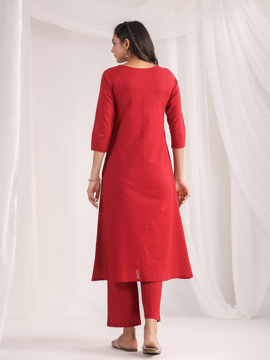 Janasya A-Line Dobby Cotton Maroon Solid V-Neck Co-Ords | Grocsy