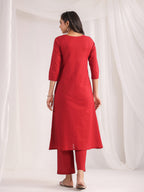 Janasya A-Line Dobby Cotton Maroon Solid V-Neck Co-Ords | Grocsy