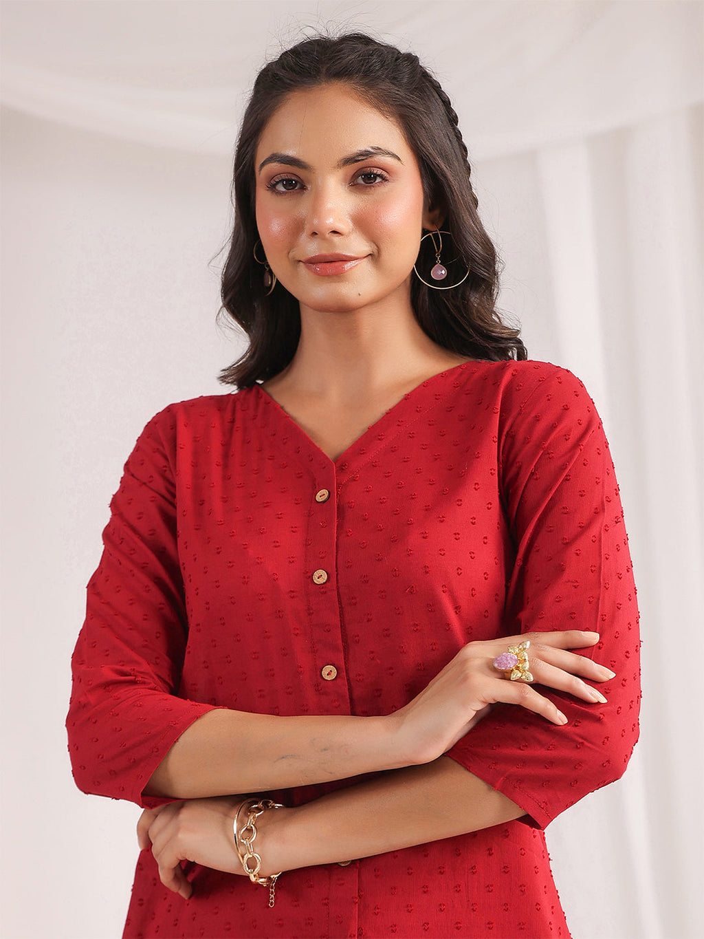 Janasya A-Line Dobby Cotton Maroon Solid V-Neck Co-Ords | Grocsy